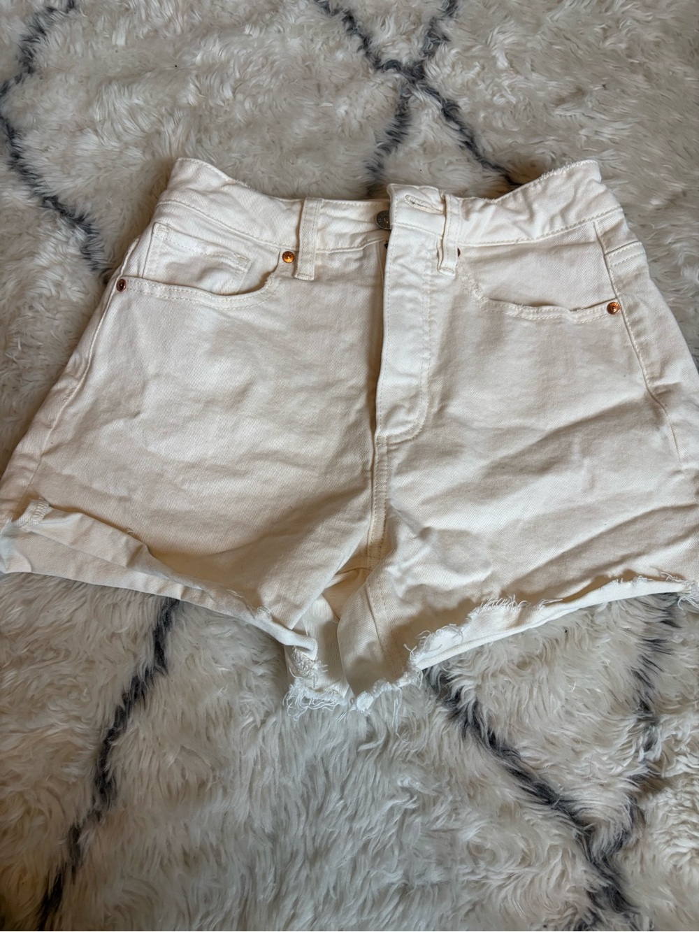 PAIGE Cream High-Rise Denim Shorts with Frayed Hem